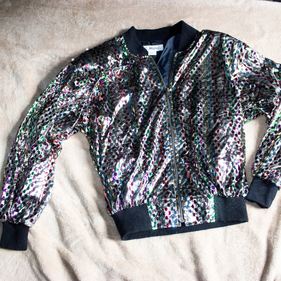 Vintage Jackets & Blazers - SOLD! Silver Sequin Jacket Bomber - Tiger Rainbow